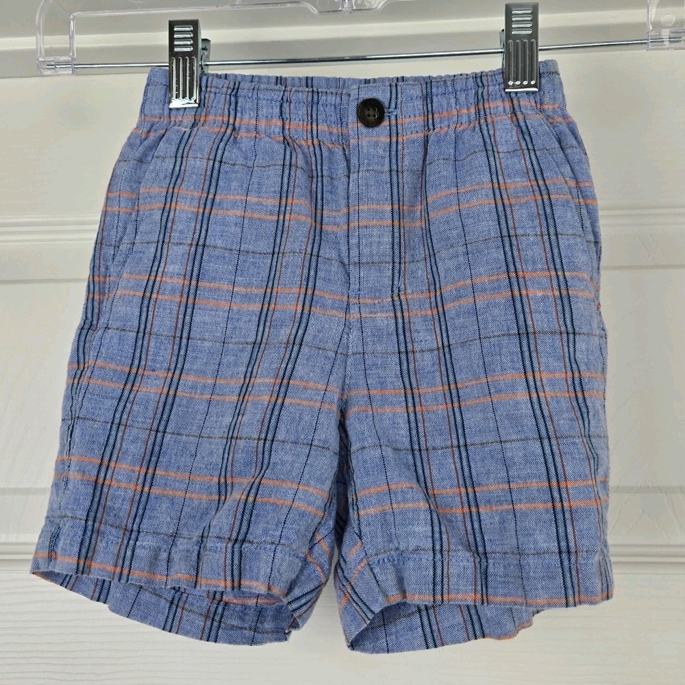 Janie And Jack Boys Blue Plaid Shorts Size 18-24 M Pockets Cotton Linen Blend